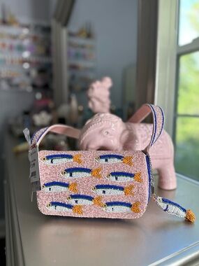 Beaded Pink Sardine Shoulder Handbag with Charm